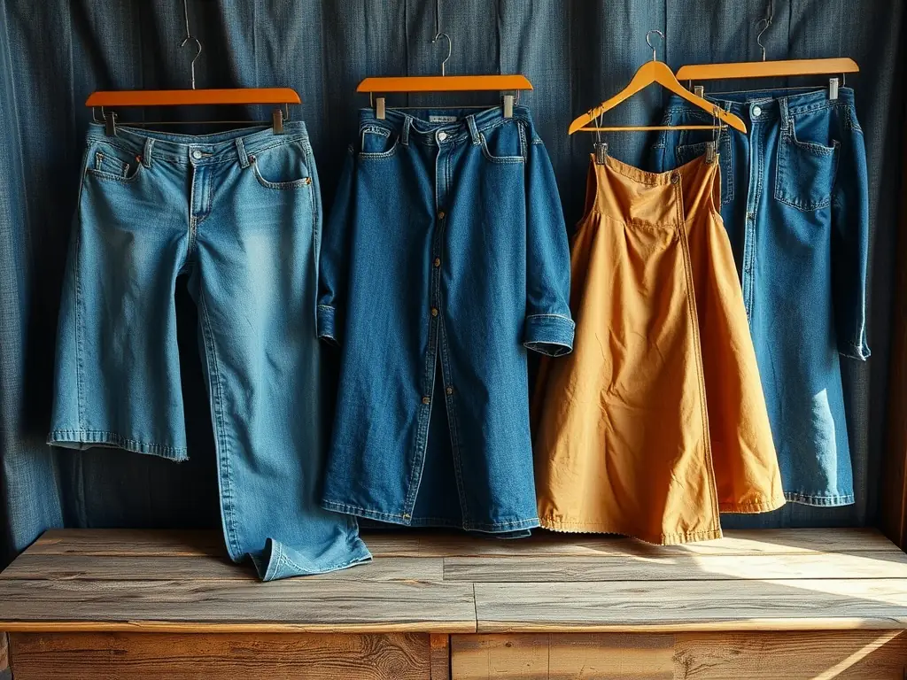 A collection of recycled denim jeans and jackets, showcasing the potential for repurposing denim into new fashion items at Royalty International.